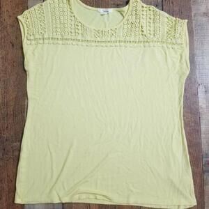 89th And Madison Top Large Yellow Crochet Neck Short Sleeve Blouse Shirt